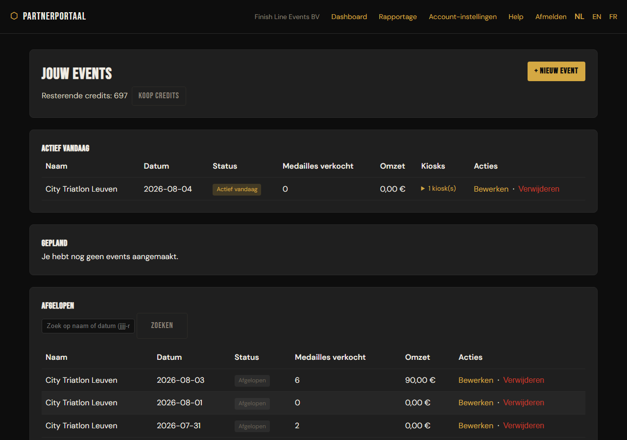 Het dashboard met actieve, geplande en afgelopen events