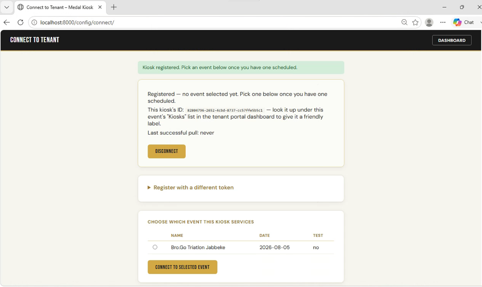 Kiosk registered, kies het event dat deze kiosk bedient