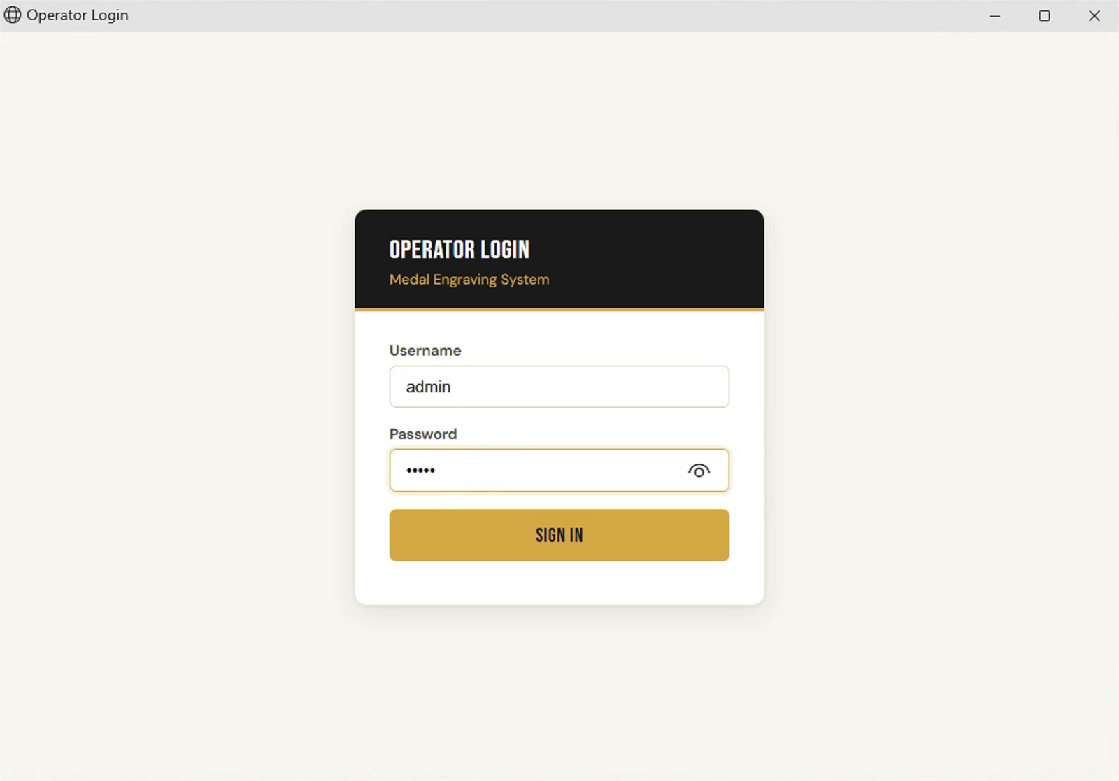 Operator Login scherm met gebruikersnaam admin
