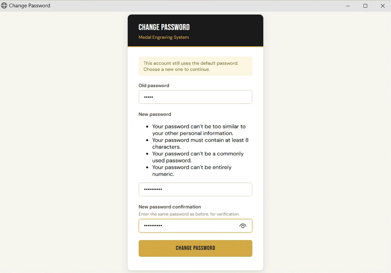 Change Password scherm bij eerste login