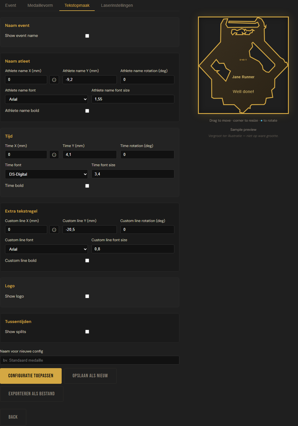 Het tabblad Tekstopmaak met versleepbare tekstelementen in de live preview