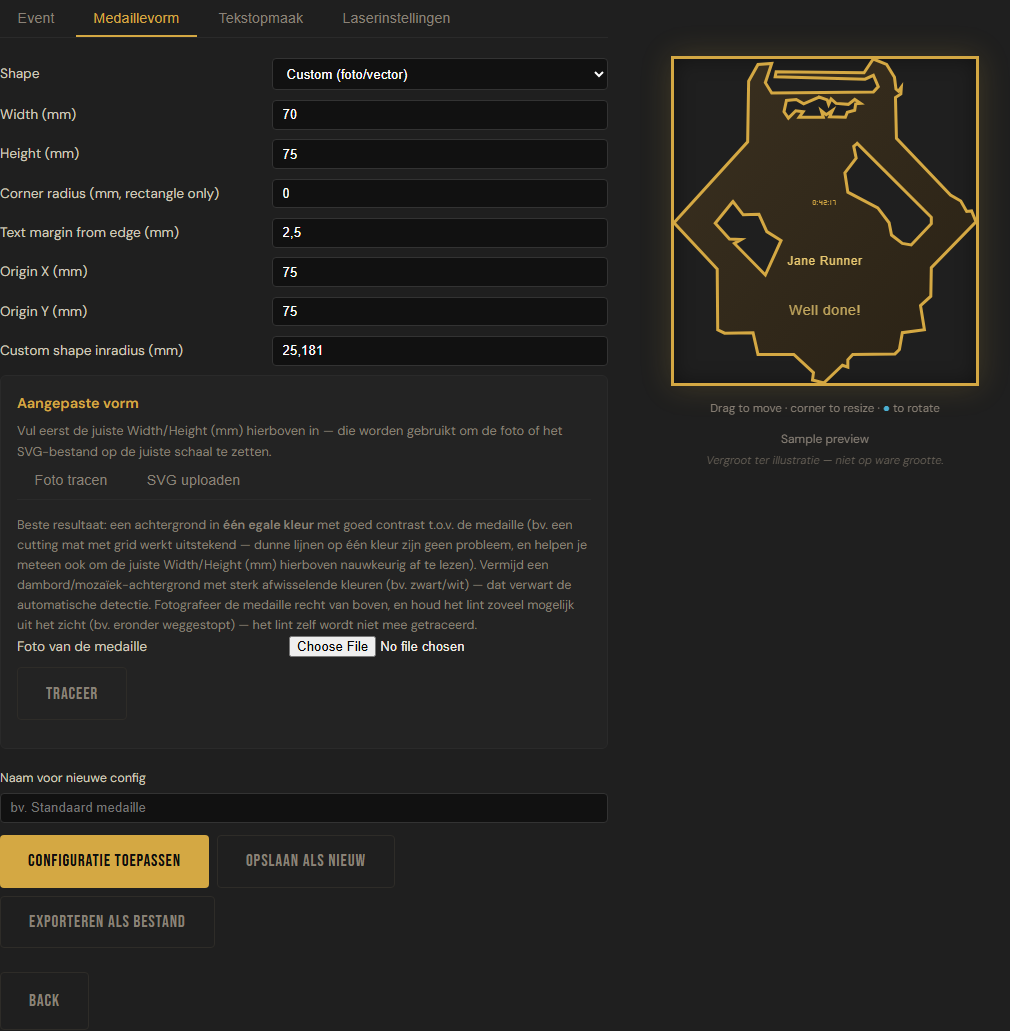 Het tabblad Medaillevorm met een aangepaste, getraceerde vorm en live preview